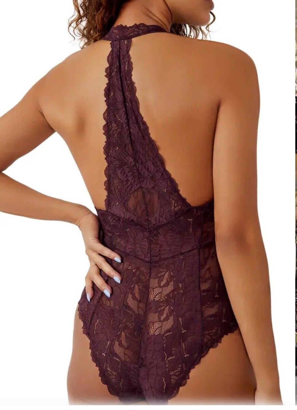 Free People Bodysuit Everyday Feminine Sheer Lace Sexy Plum Jam XS
